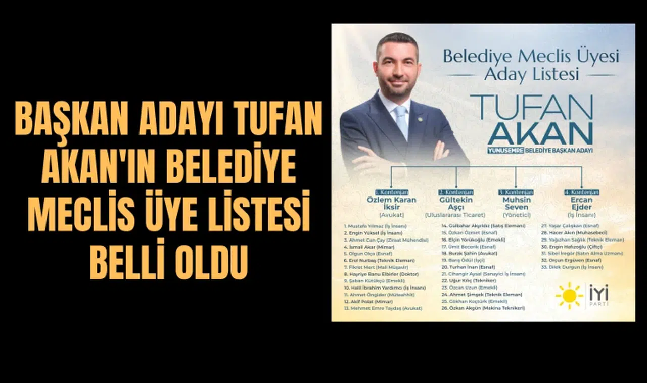 BAŞKAN ADAYI TUFAN AKAN'IN BELEDİYE MECLİS ÜYE LİSTESİ BELLİ OLDU