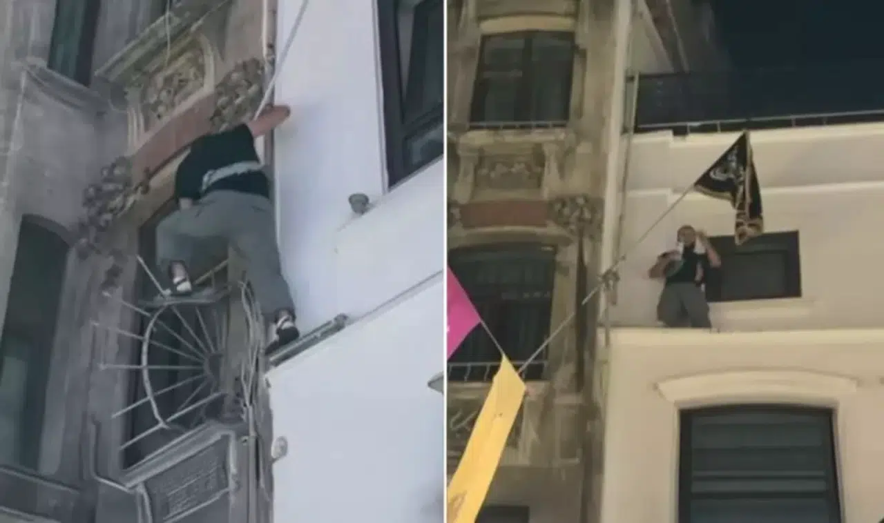 Leman protestosunda ilginç görüntü! Binaya tırmanıp bakın ne astı
