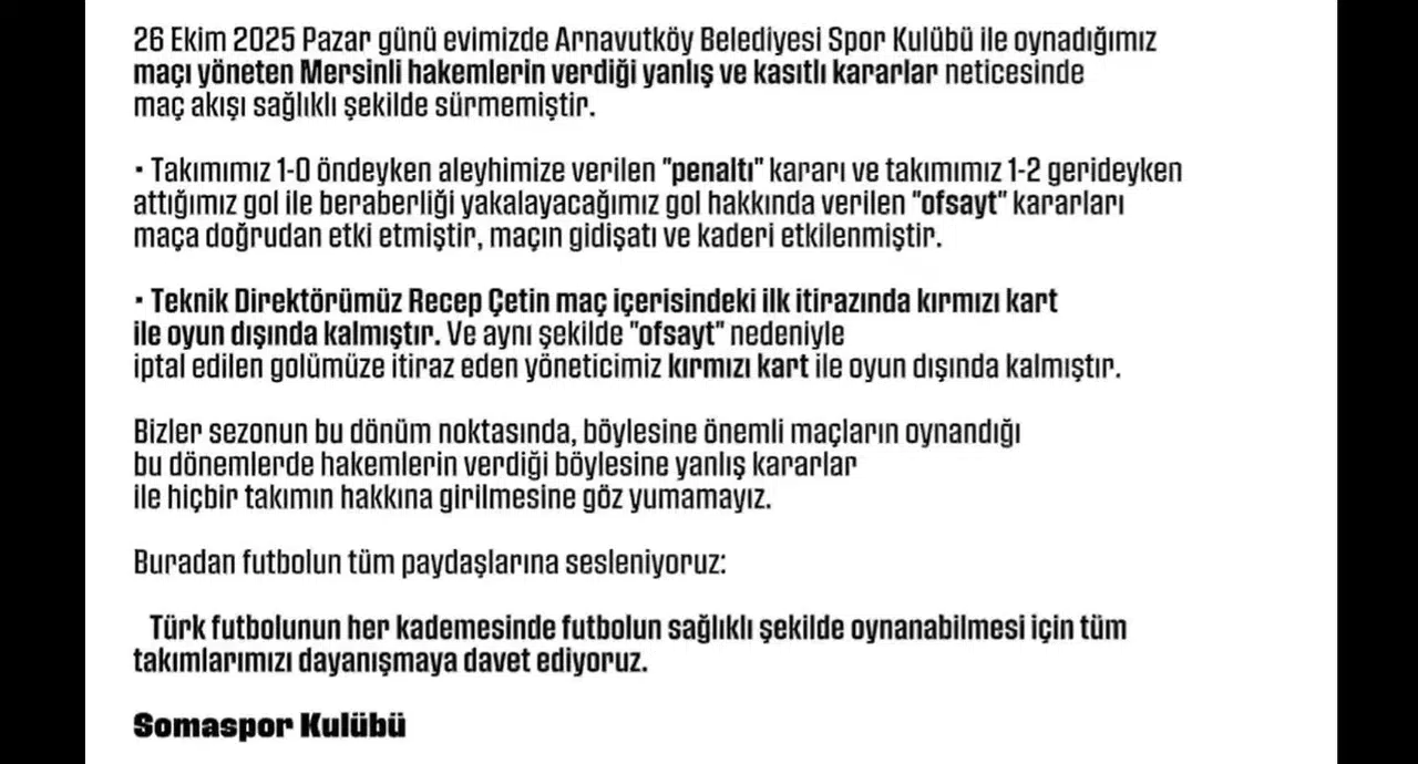 Somaspor Yönetimi: Maçı yöneten hakem yanlış karar verdi