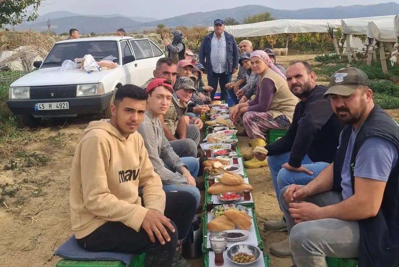 Üzüm alıcısından işçilere yemek ikramı