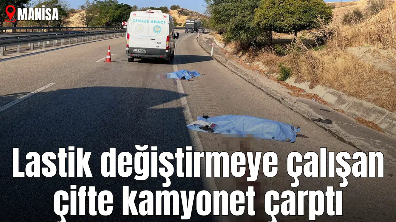 Lastik değiştirmeye çalışan çifte kamyonet çarptı