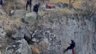 Uçurumda mahsur kalan keçinin imdadına itfaiye yetişti