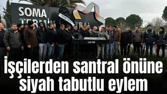 İşçilerden santral önüne siyah tabutlu eylem