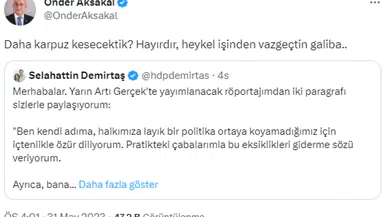 DSP Genel Başkanı Aksakal, Demirtaş'ın "Politikayı Bırakıyorum" sözlerine cevap: Heykel işinden vazgeçtin galiba