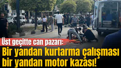 Manisa’da üst geçitte can pazarı: Bir yandan kurtarma çalışması, bir yandan motor kazası!