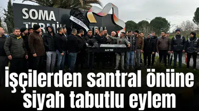 İşçilerden santral önüne siyah tabutlu eylem
