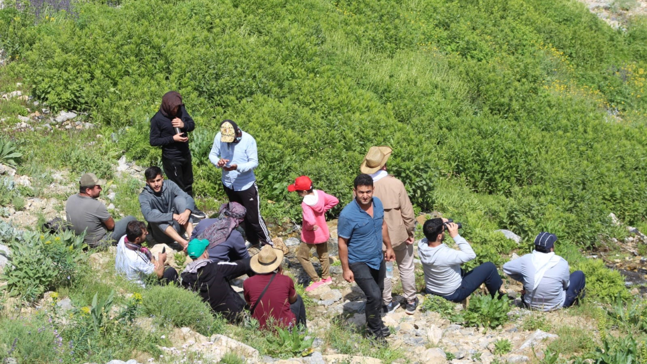 Temmuz sıcağına dayanamayan yöre halkı soluğu Mereto Dağı'nda aldı. Kar yiyerek serinlediler.