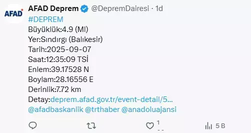 Balıkesir'de 4.9 büyüklüğünde deprem