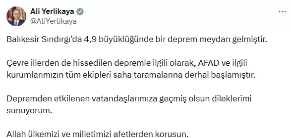 Balıkesir'de 4.9 büyüklüğünde deprem