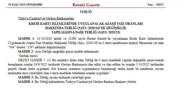 Merkez Bankası kredi kartı faiz oranlarını düşürdü