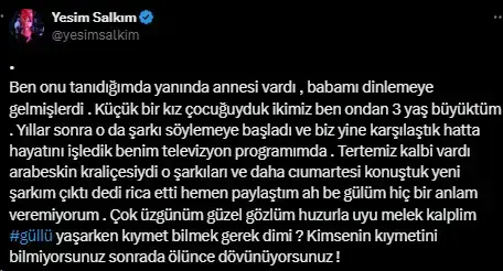Güllü'nün vefatının ardından Yeşim Salkım isyan etti: Kıymeti bilinmedi