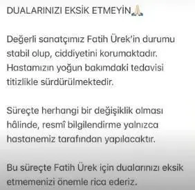 Yoğun bakımda yaşam savaşı veren Fatih Ürek'in menajerinden yeni açıklama