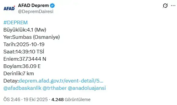 Osmaniye'de 4.1 büyüklüğünde deprem