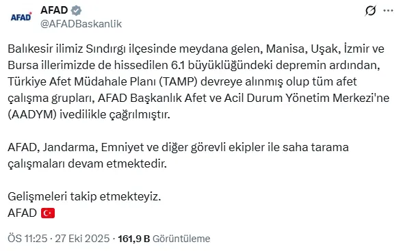 6.1'lik deprem sonrası Türkiye Afet Müdahale Planı devreye alındı