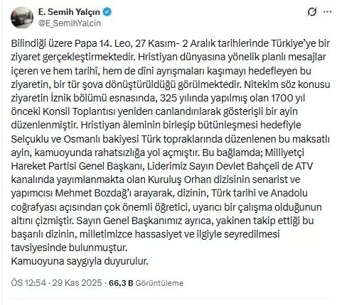 Papa 14. Leo'nun İznik ayini MHP'yi kızdırdı! Çok sert tepki