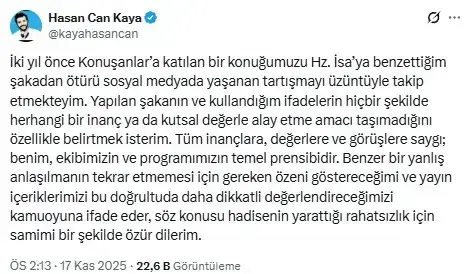 Eleştirilerin odağındaki Hasan Can Kaya'dan özür açıklaması