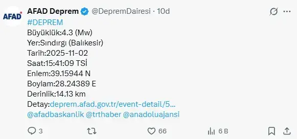 Balıkesir'in Sındırgı ilçesinde 4.3 büyüklüğünde deprem