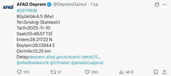 Balıkesir Sındırgı'da 4.5 büyüklüğünde bir deprem daha