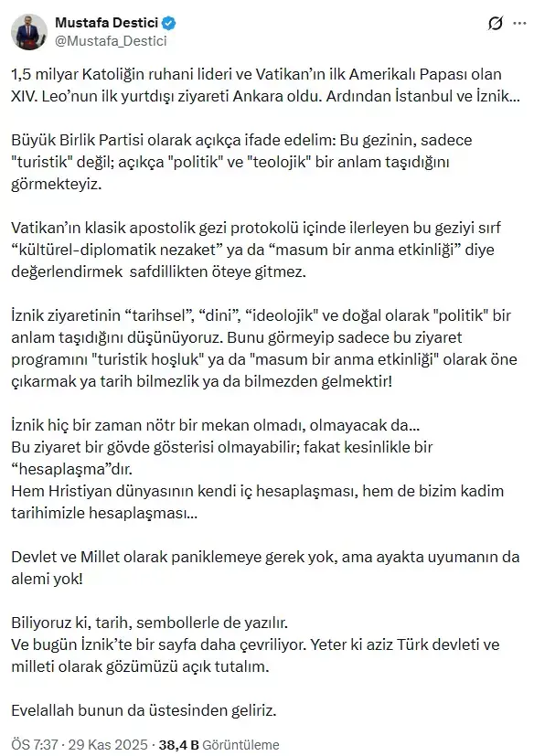 Papa'nın Türkiye ziyareti kriz çıkardı! MHP'nin ardından bir tepki de Destici'den