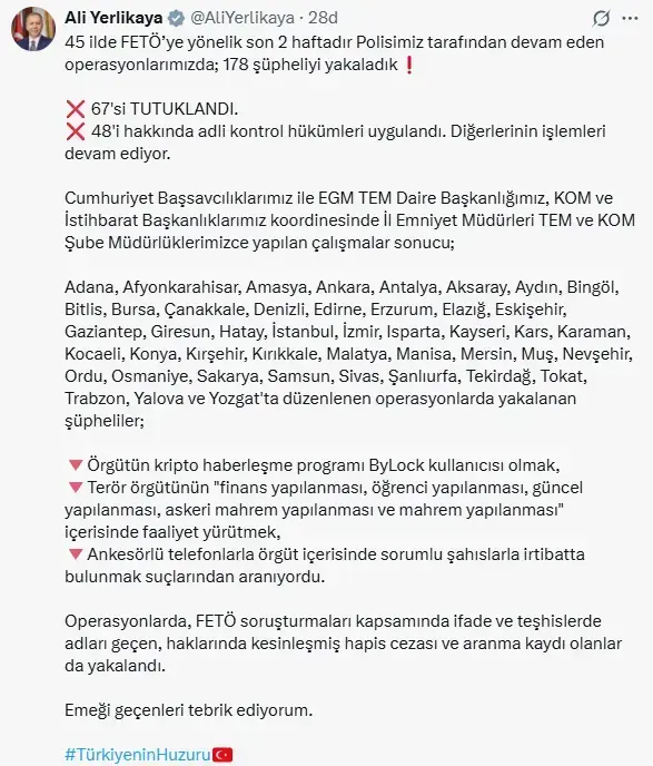 45 ilde dev FETÖ operasyonu! 178 şüpheli yakalandı, 67'si tutuklandı