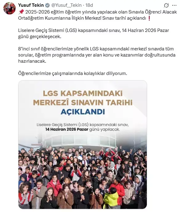 LGS kapsamında merkezi sınav 14 Haziran 2026 Pazar günü gerçekleştirilecek