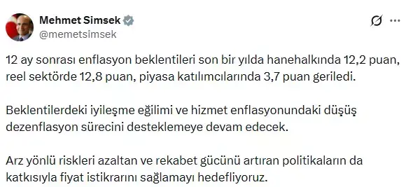 Bakan Şimşek'ten enflasyon mesajı: Dezenflasyon sürecini destekleyecek