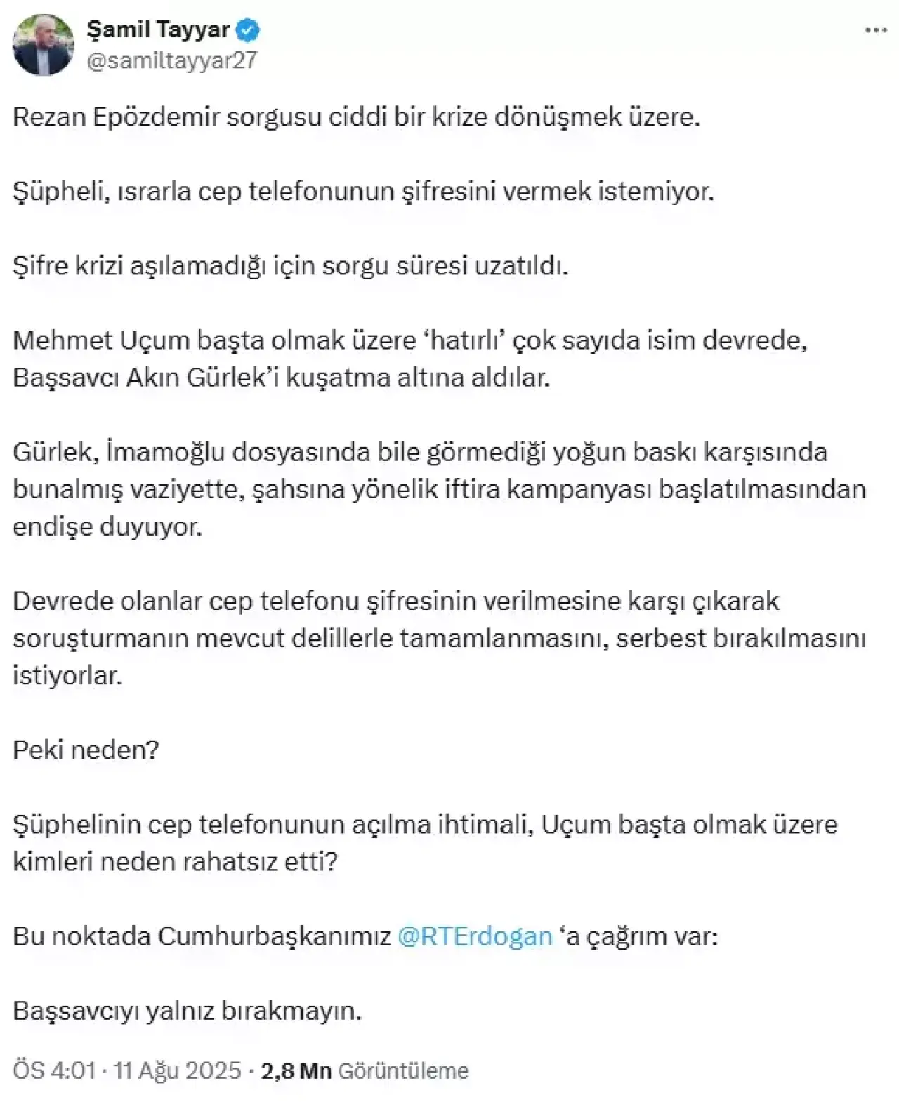 Şamil Tayyar ile Mehmet Uçum arasında Rezan Epözdemir gerilimi