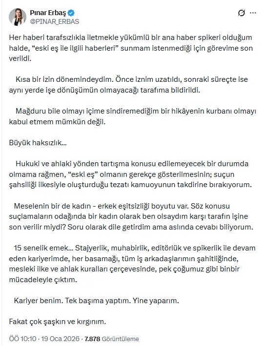 Mehmet Akif Ersoy'un eski eşi Pınar Erbaş'ın işine son verildi