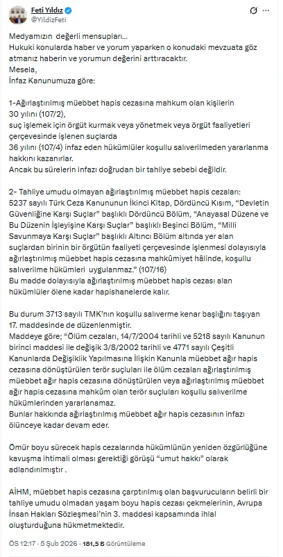 Öcalan tahliye olacak mı? Feti Yıldız 'Umut Hakkı' konusuna açıklık getirdi